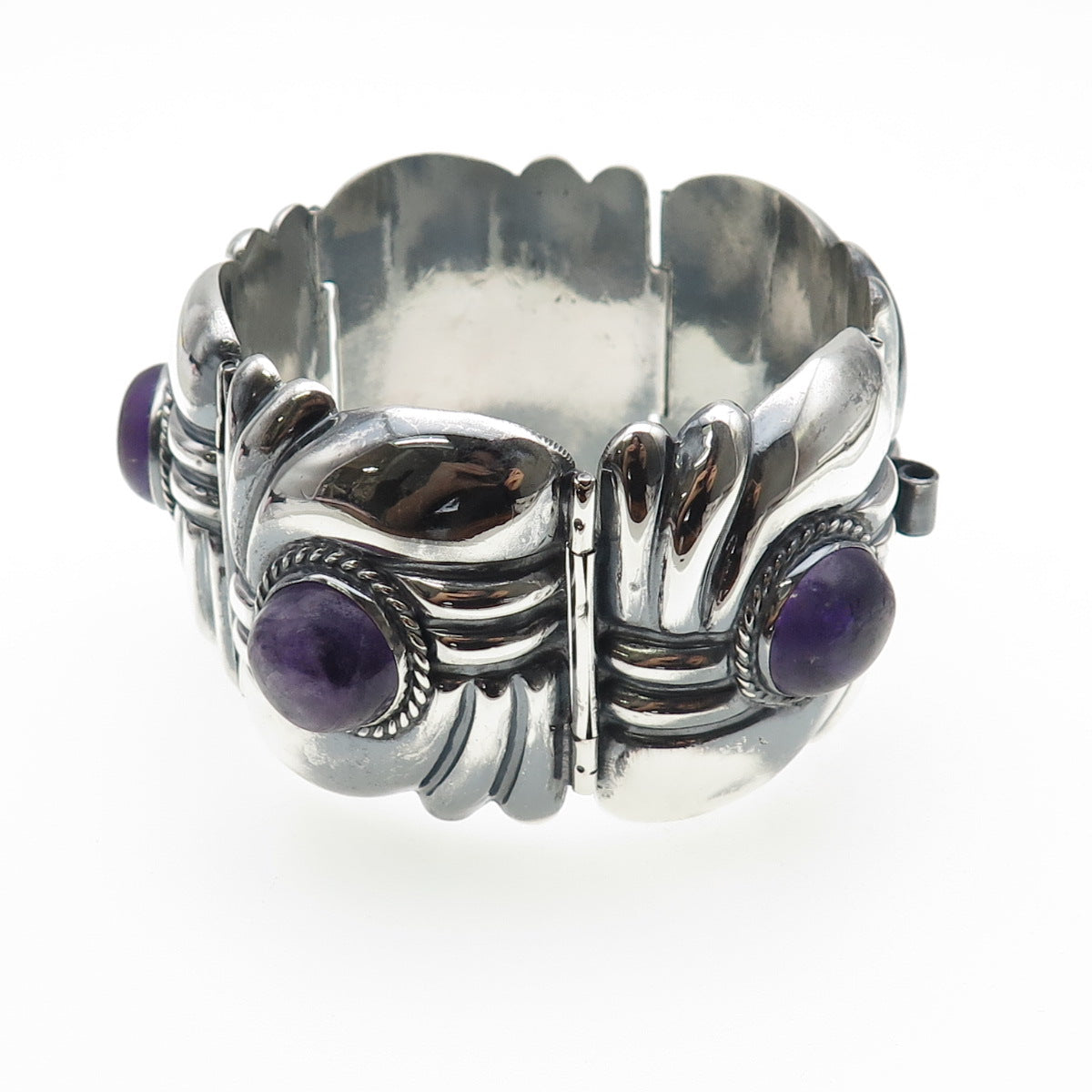 925 Sterling Silver Vintage Real Amethyst Modernist Heavy 106.3g Bracelet 7.5"