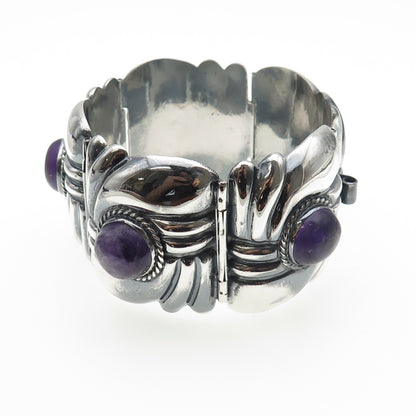 925 Sterling Silver Vintage Real Amethyst Modernist Heavy 106.3g Bracelet 7.5"