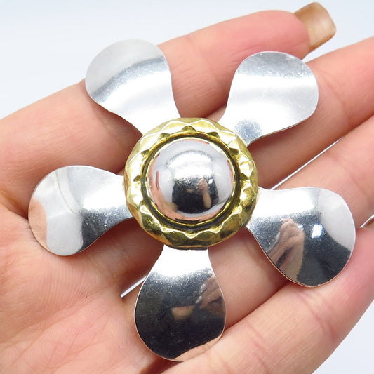 925 Sterling Silver 2-Tone Vintage Mexico Floral Pin Brooch