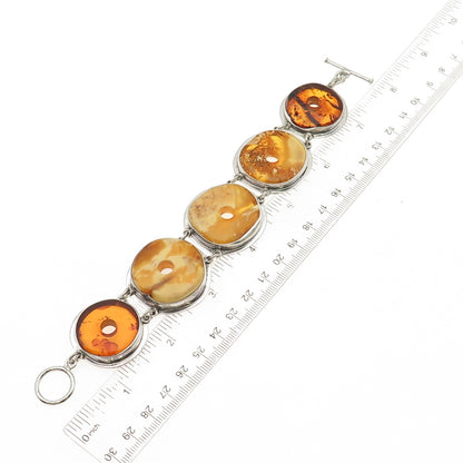 925 Sterling Silver Vintage Real Butterscotch Amber Modernist Bracelet 7"