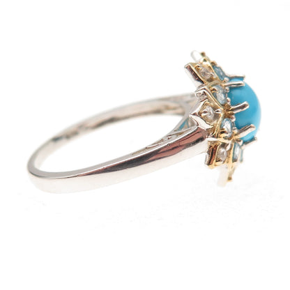 Chuck Clemency Sterling 2-Tone Real Turquoise Blue & White Topaz Ring Size 8.25
