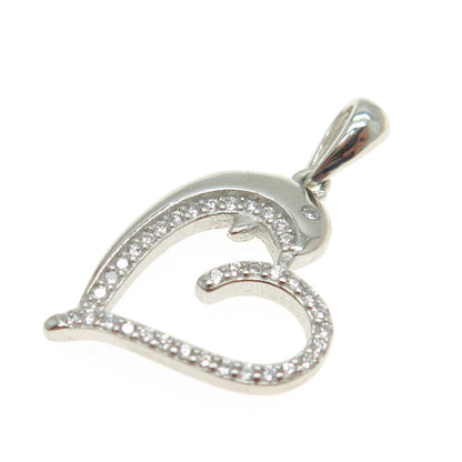 925 Sterling Silver Round-Cut C Z Dolphin Heart Pendant