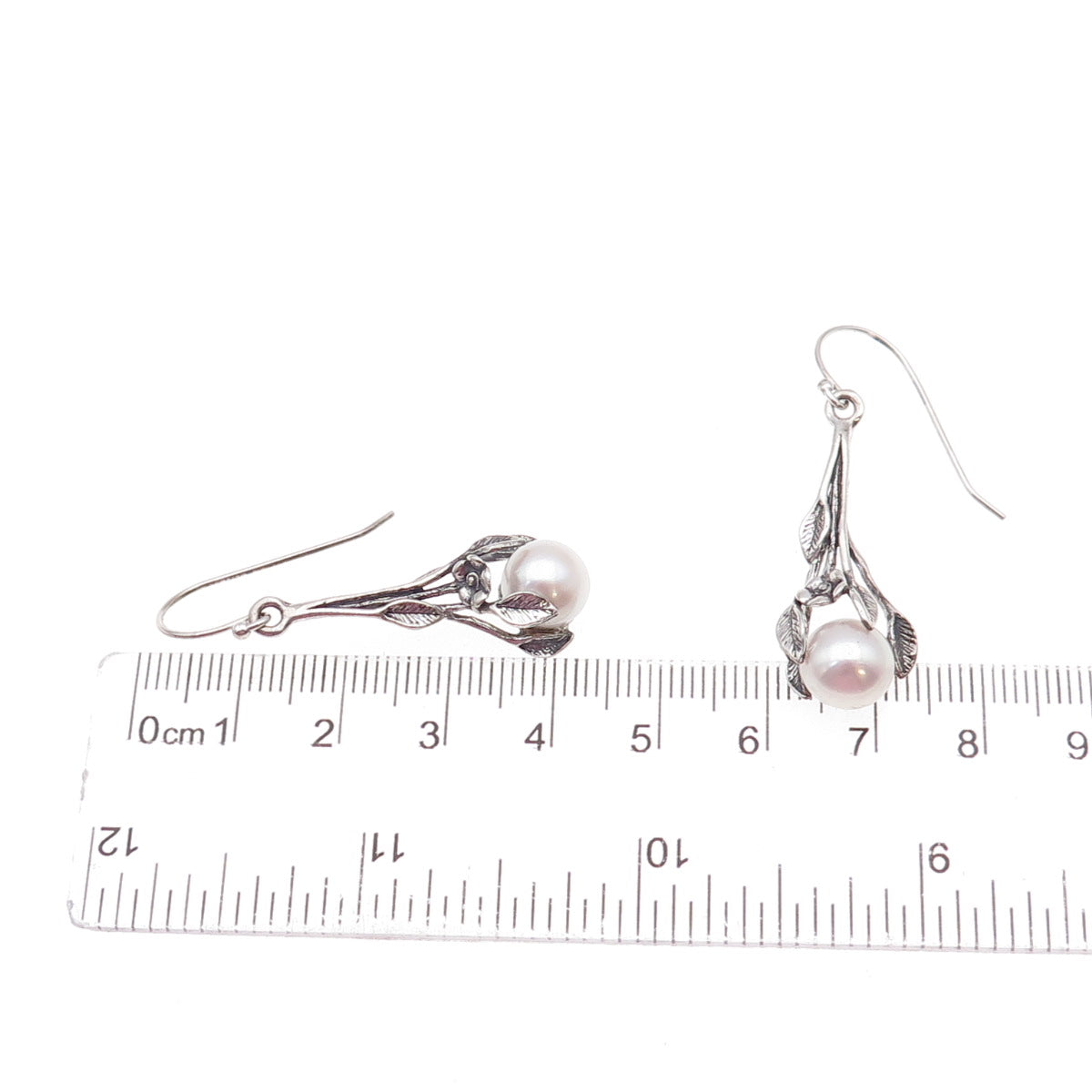 925 Sterling Silver Vintage Israel Real Pearl Floral Oxidized Dangle Earrings