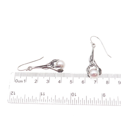 925 Sterling Silver Vintage Israel Real Pearl Floral Oxidized Dangle Earrings