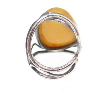 925 Sterling Vintage Real Butterscotch Amber Modernist Adjustable Ring Size 6