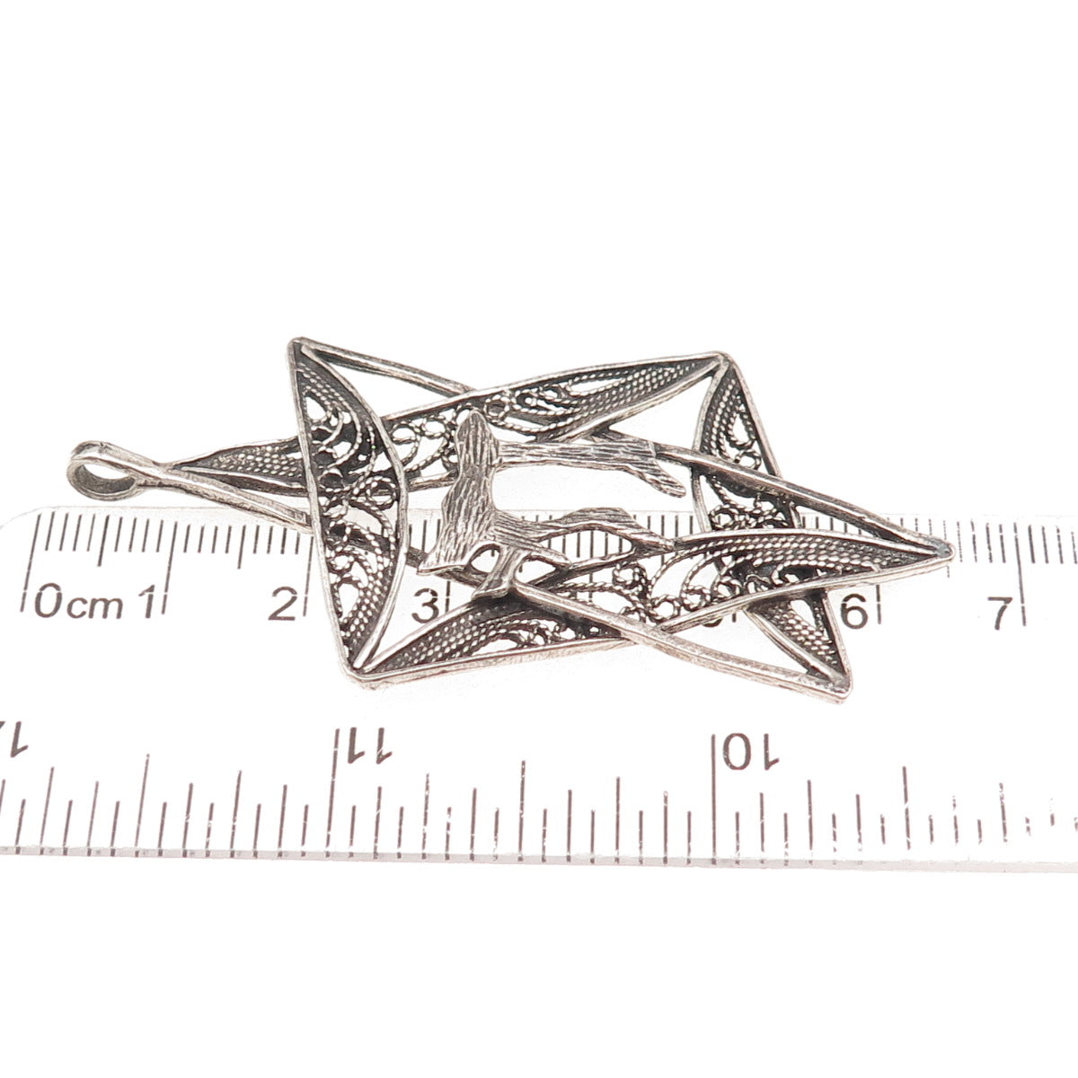 925 Sterling Silver Vintage Chai Star of David Filigree Oxidized Charm Pendant
