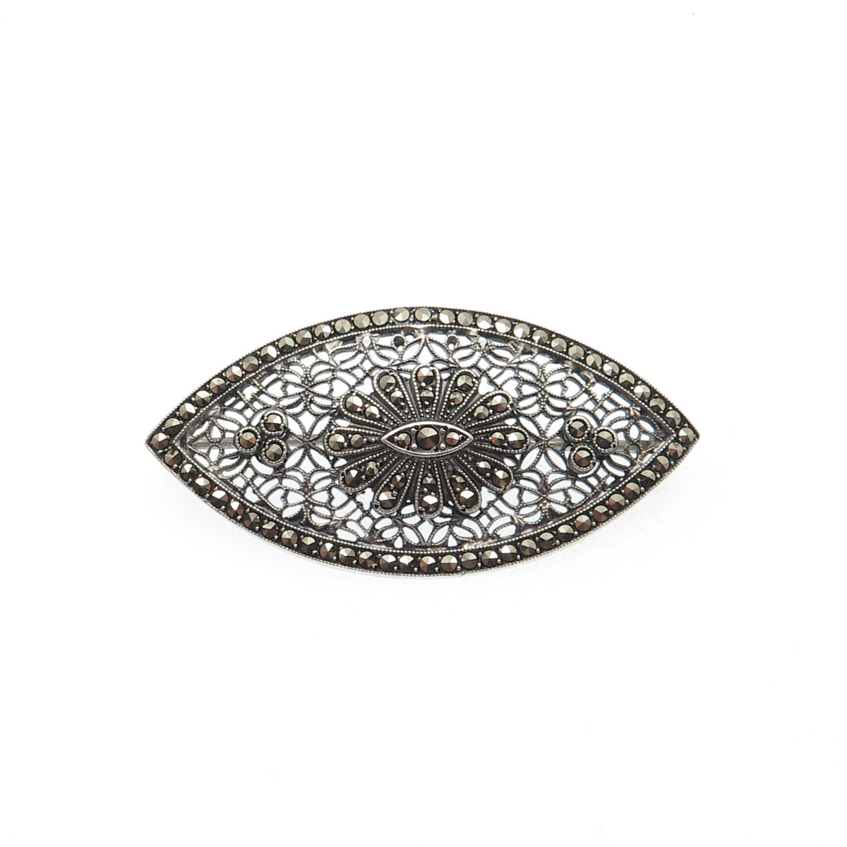925 Sterling Silver Antique Art Deco Real Marcasite Filigree Oxidized Pin Brooch
