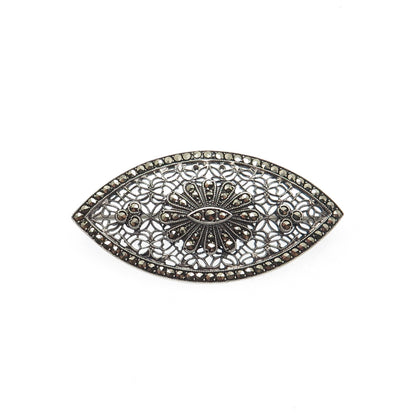 925 Sterling Silver Antique Art Deco Real Marcasite Filigree Oxidized Pin Brooch