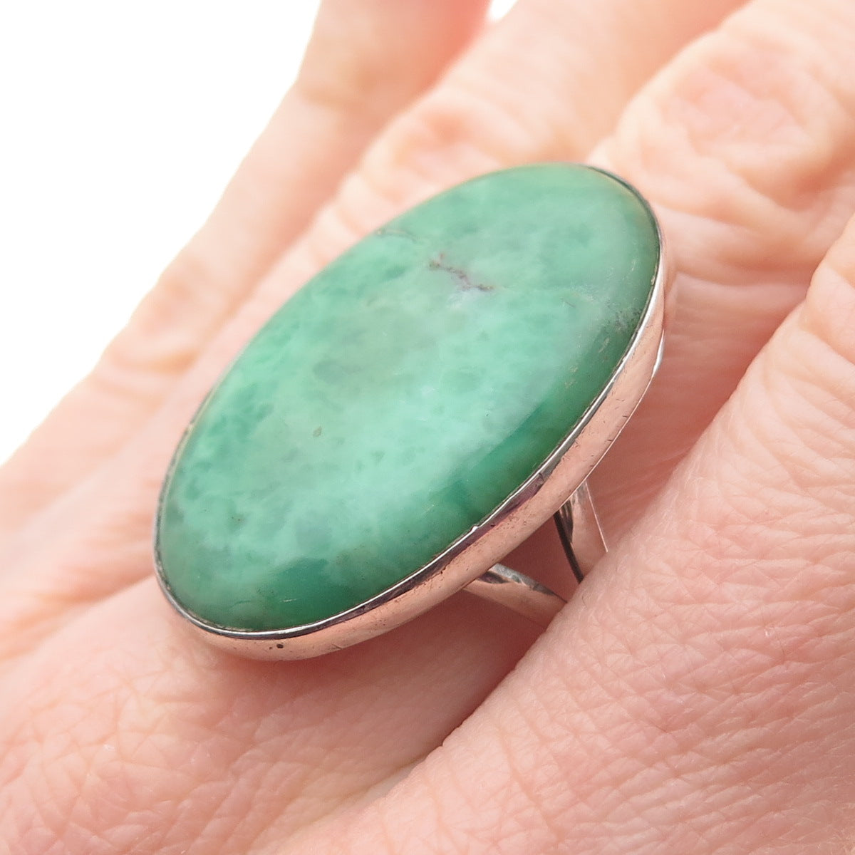 925 Sterling Silver Vintage Real Cabochon Jade Oval Ring Size 9.75