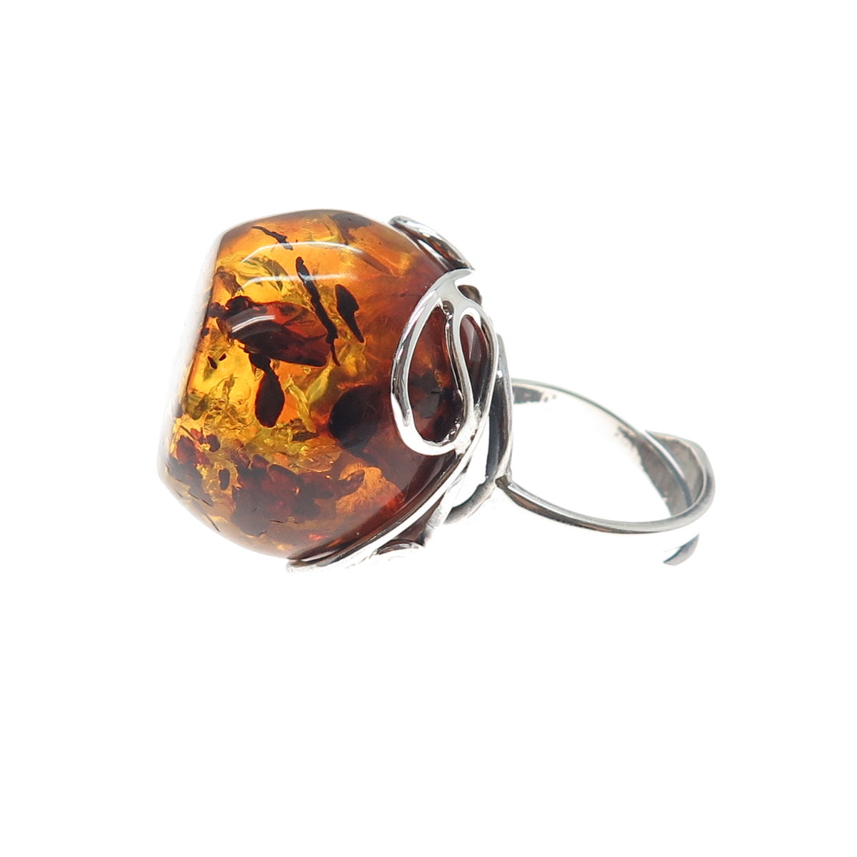 925 Sterling Silver Vintage Real Amber Modernist Ring Size 8.25