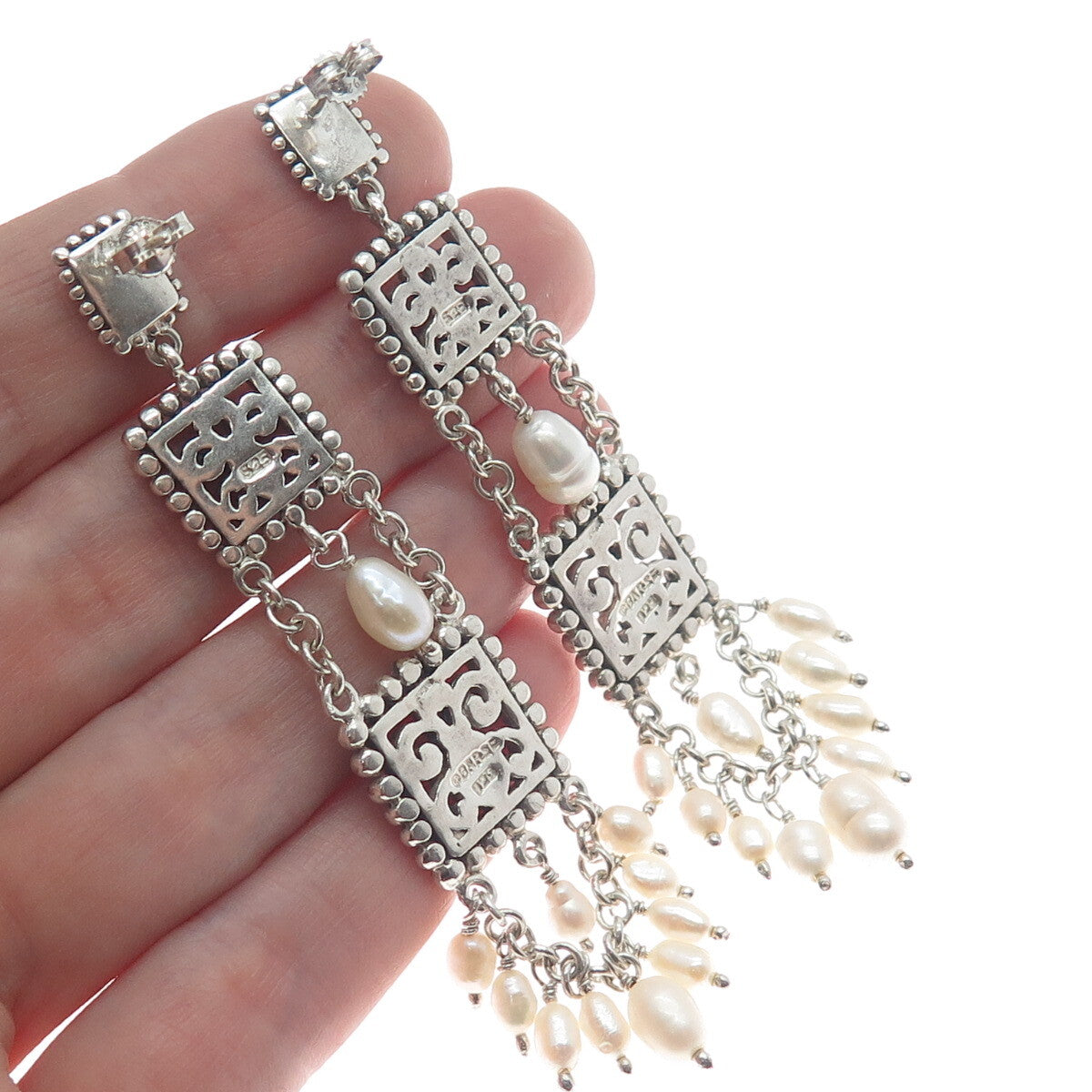 925 Sterling Silver Vintage Real Pearl Ethnic / Boho Dangling Earrings