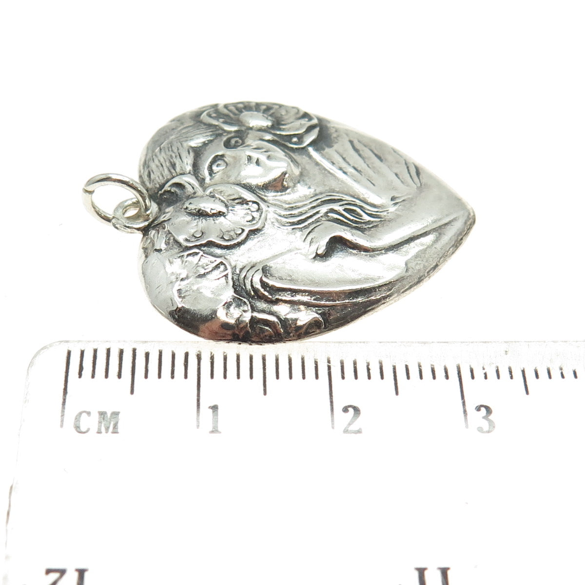 925 Sterling Silver Vintage Repousse Floral Lady Heart Oxidized Pendant