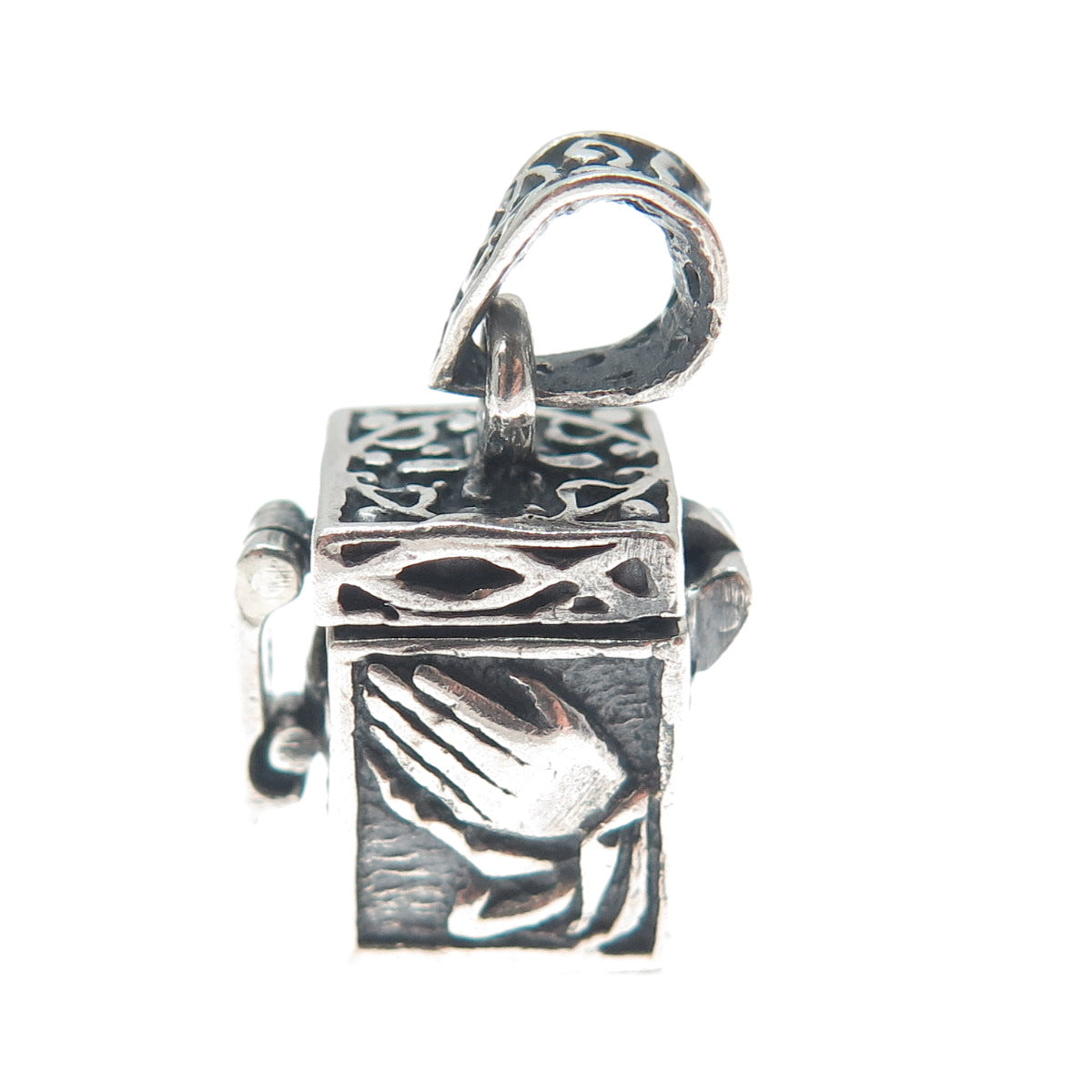925 Sterling Silver Vintage Praying Hands Religious Box Oxidized Charm Pendant