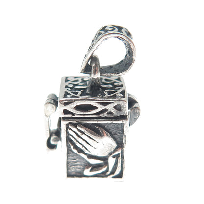 925 Sterling Silver Vintage Praying Hands Religious Box Oxidized Charm Pendant
