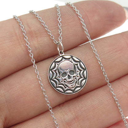 925 Sterling Silver Skull Spider Web Round Pendant Cable Chain Necklace 18"