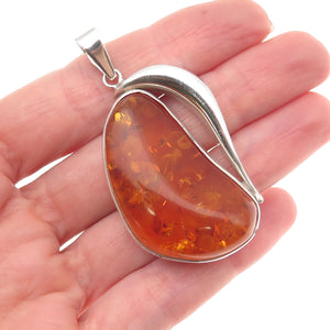 925 Sterling Silver Vintage LL Poland Real Amber Modernist Pendant