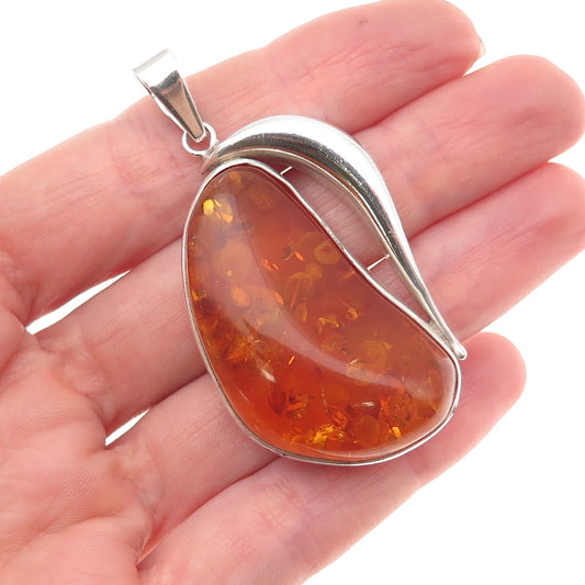 925 Sterling Silver Vintage LL Poland Real Amber Modernist Pendant