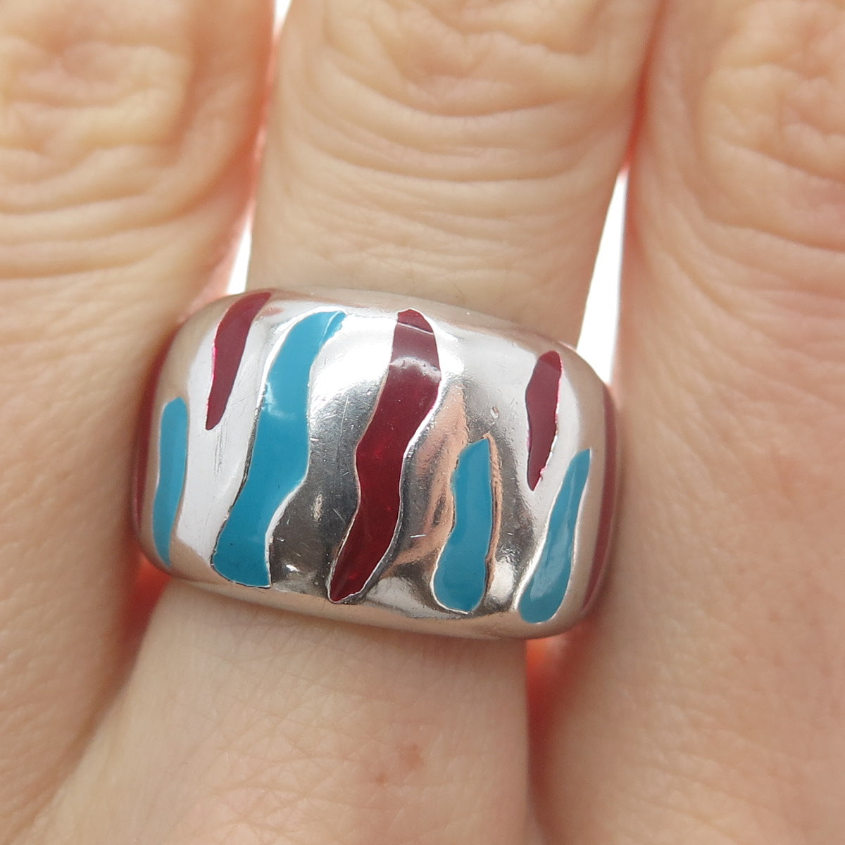 925 Sterling Silver Vintage Enamel Animal Pattern Ring Size 6.75