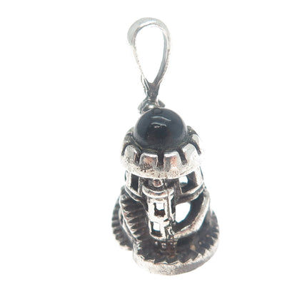 925 Sterling Silver Vintage Onyx Tower of David Oxidized Mini 3D Charm Pendant