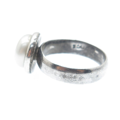 950 Silver Vintage Real Pearl Oxidized Ring Size 6.25