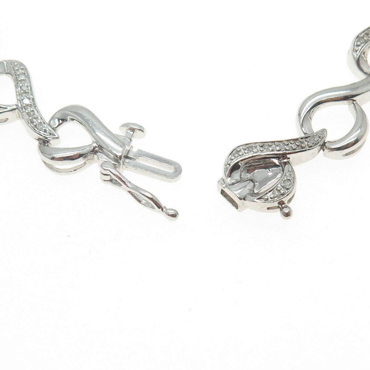 SUN 925 Sterling Silver Real Round-Cut Diamond Heart Link Bracelet 7.25"