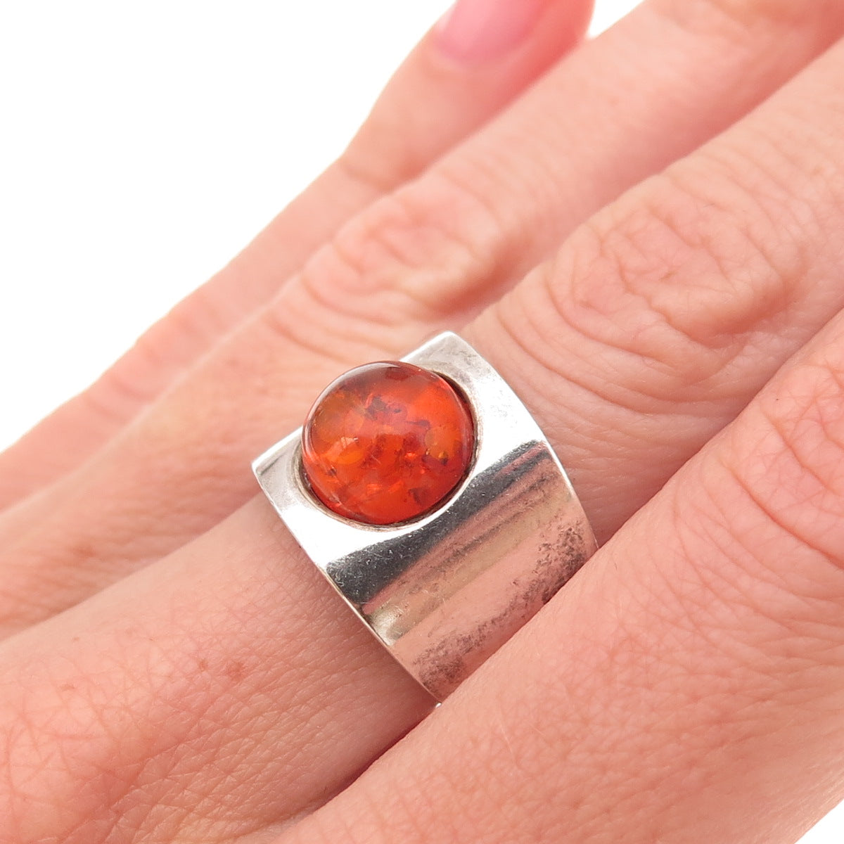 925 Sterling Silver Vintage Real Amber Modernist Oxidized Ring Size 5.75