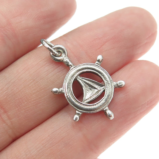 925 Sterling Silver Vintage Sailboat Wheel Minimalist Charm Pendant