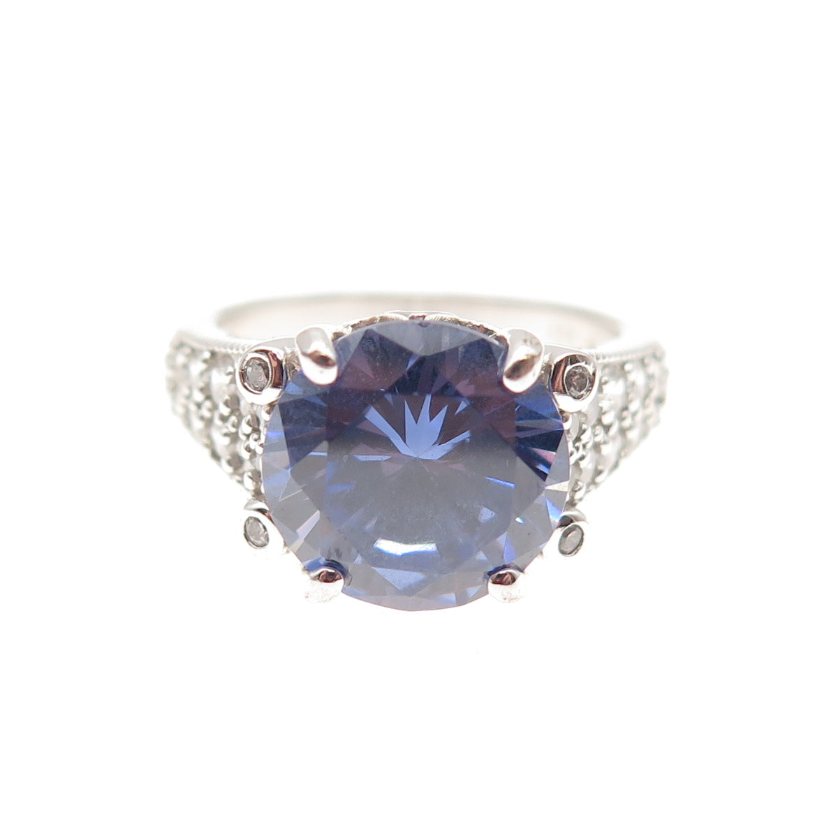 925 Sterling Silver Round-Cut Blue & White C Z Ring Size 5.25