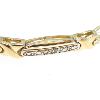 925 Sterling Silver Gold Plated Real Round-Cut Diamond "X" Bar Link Bracelet 7"