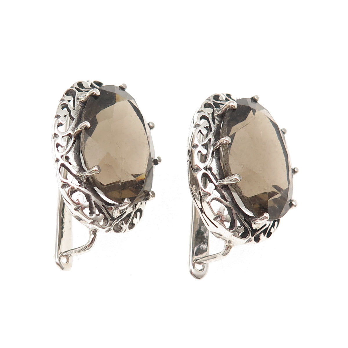 925 Sterling Silver Vintage Real Smoky Quartz Heart Ornate Oxidized Earrings