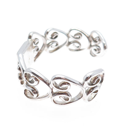 925 Sterling Silver Vintage Modernist Swirl Heart Adjustable Bracelet 6.75"