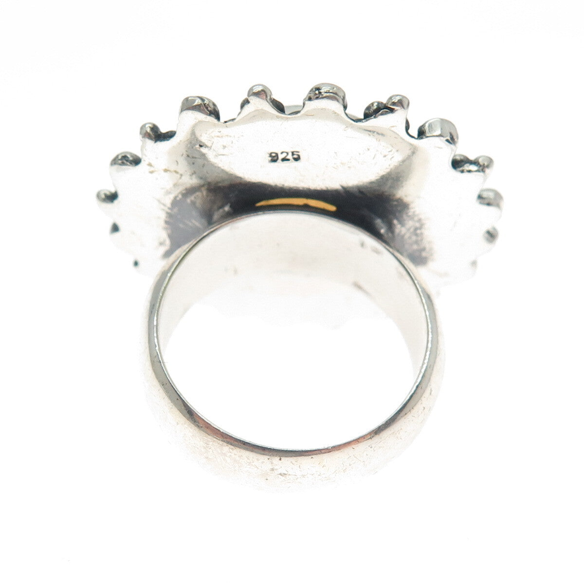 925 Sterling Silver Vintage Real Opalite Roped Beaded Sun Oxidized Ring Size 8.5