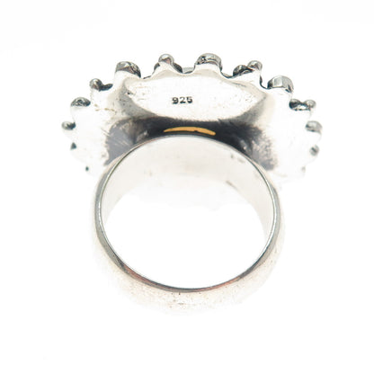 925 Sterling Silver Vintage Real Opalite Roped Beaded Sun Oxidized Ring Size 8.5