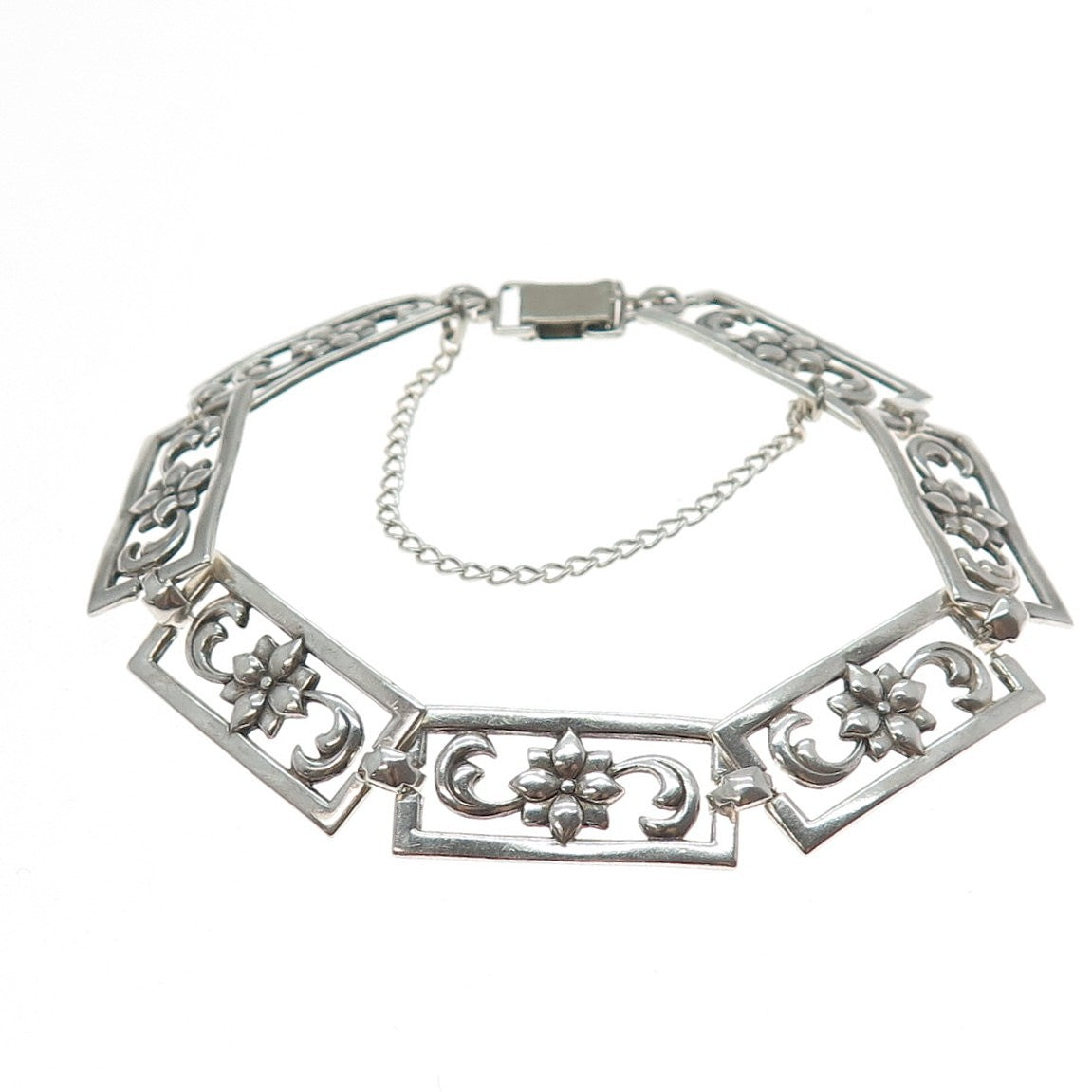 925 Sterling Silver Antique Art Deco Flower Blossom Panel Link Bracelet 7.75"
