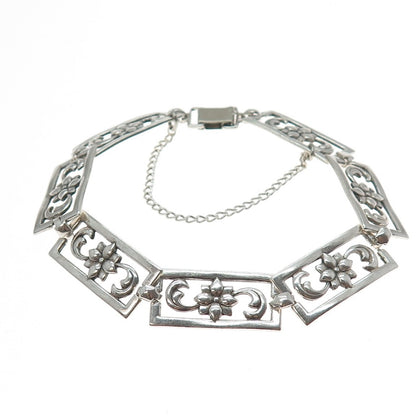 925 Sterling Silver Antique Art Deco Flower Blossom Panel Link Bracelet 7.75"