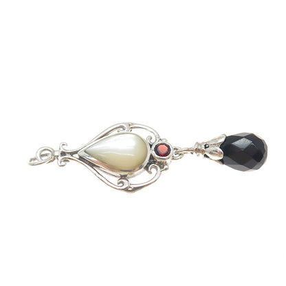 SX SALLY C Sterling Silver Vintage Real Black Onyx Red Garnet MOP Charm Pendant