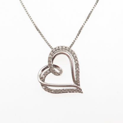 925 Sterling Silver Real Round-Cut Diamond Heart Box Chain Necklace 18"