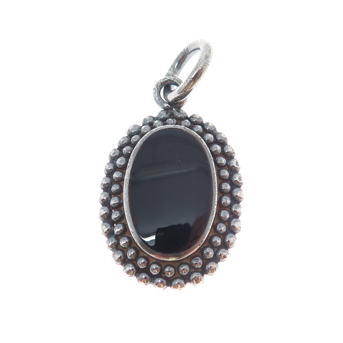 925 Sterling Silver Vintage Real Black Onyx Beaded Oxidized Charm Pendant