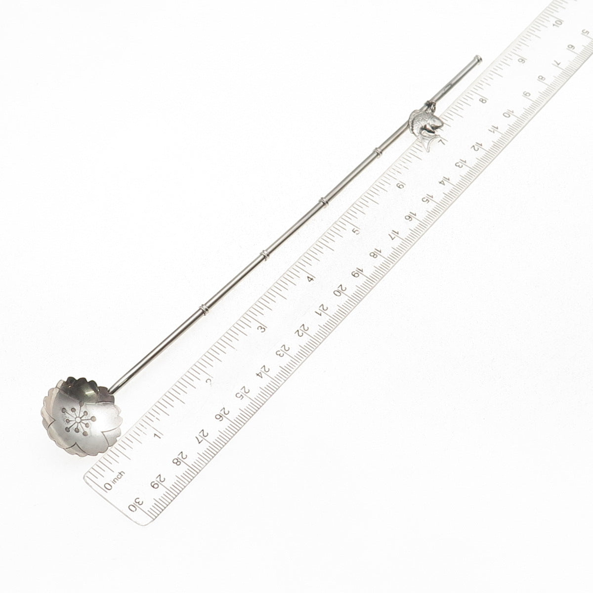 925 Sterling Silver Antique Japan Koi Fish Charm Bamboo Iced Tea Straw Spoon