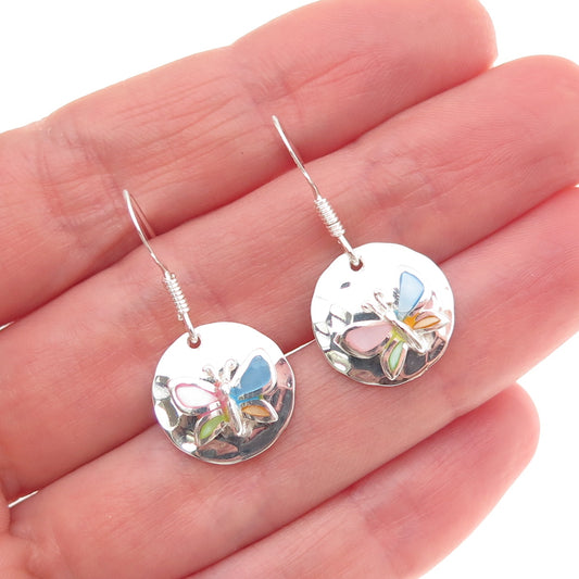 925 Sterling Silver Real Multi-Color MOP Butterfly Disc Dangle Earrings