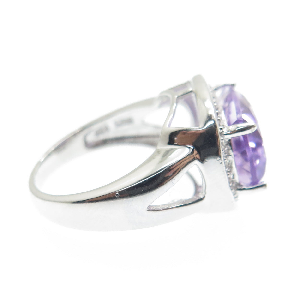 925 Sterling Silver Real Round-Cut Diamond & Amethyst Ring Size 7.25