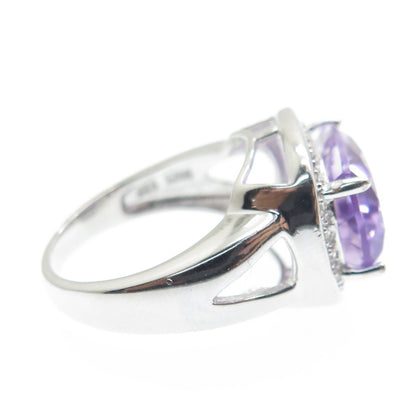 925 Sterling Silver Real Round-Cut Diamond & Amethyst Ring Size 7.25