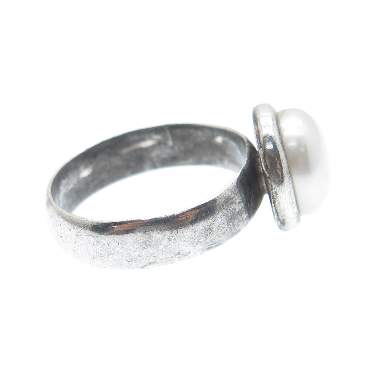 950 Silver Vintage Real Pearl Oxidized Ring Size 6.25