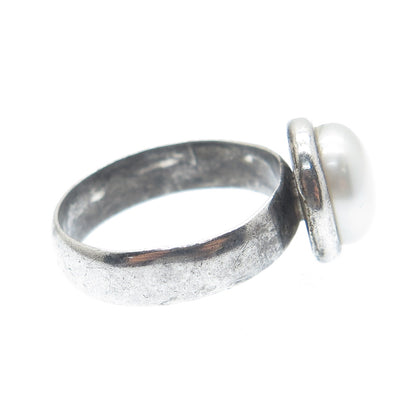 950 Silver Vintage Real Pearl Oxidized Ring Size 6.25
