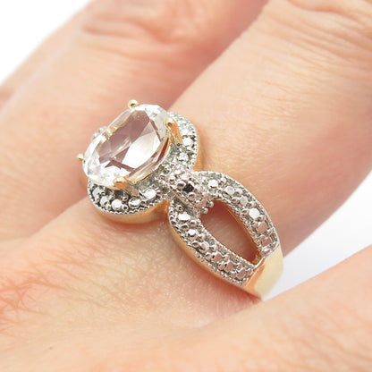 925 Sterling Silver Gold Plated DBJ Real Light Blue Topaz Gem Oval Ring Size 7