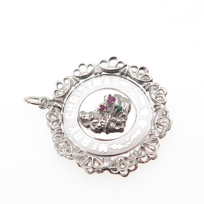925 Sterling Silver Vintage Rhinestone Santa Merry Christmas Charm Pendant