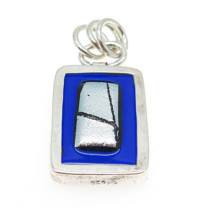925 Sterling Silver Vintage Blue Glass Modernist Charm Pendant