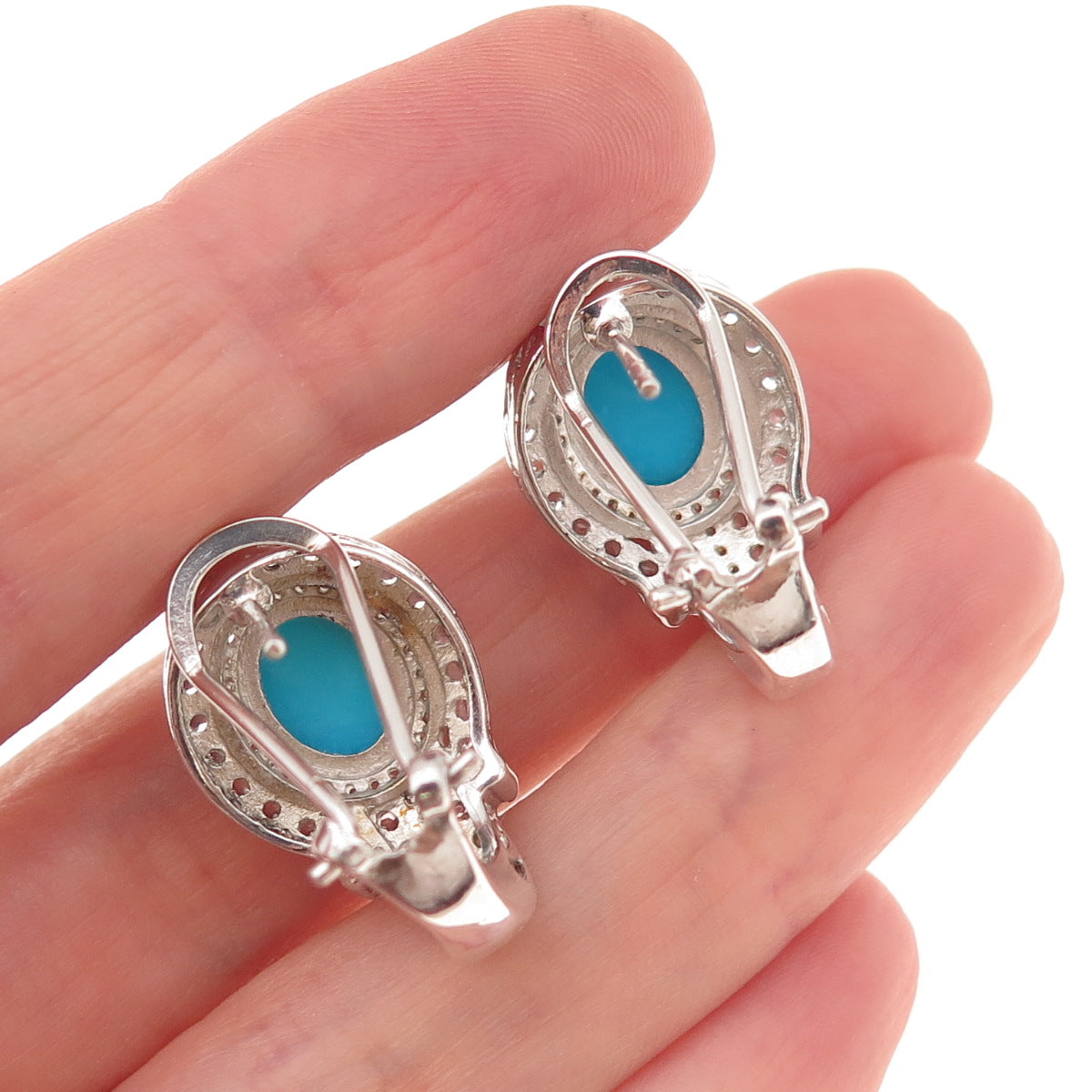 Chuck Clemency Sterling Real Turquoise Blue & White Topaz Omega Back Earrings