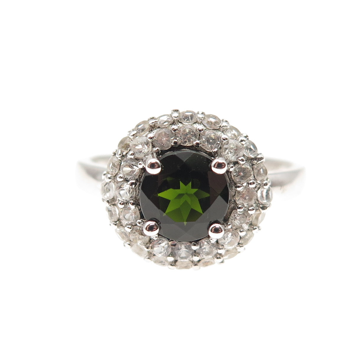 925 Sterling Silver Real Green Tourmaline & White Topaz Ring Size 9