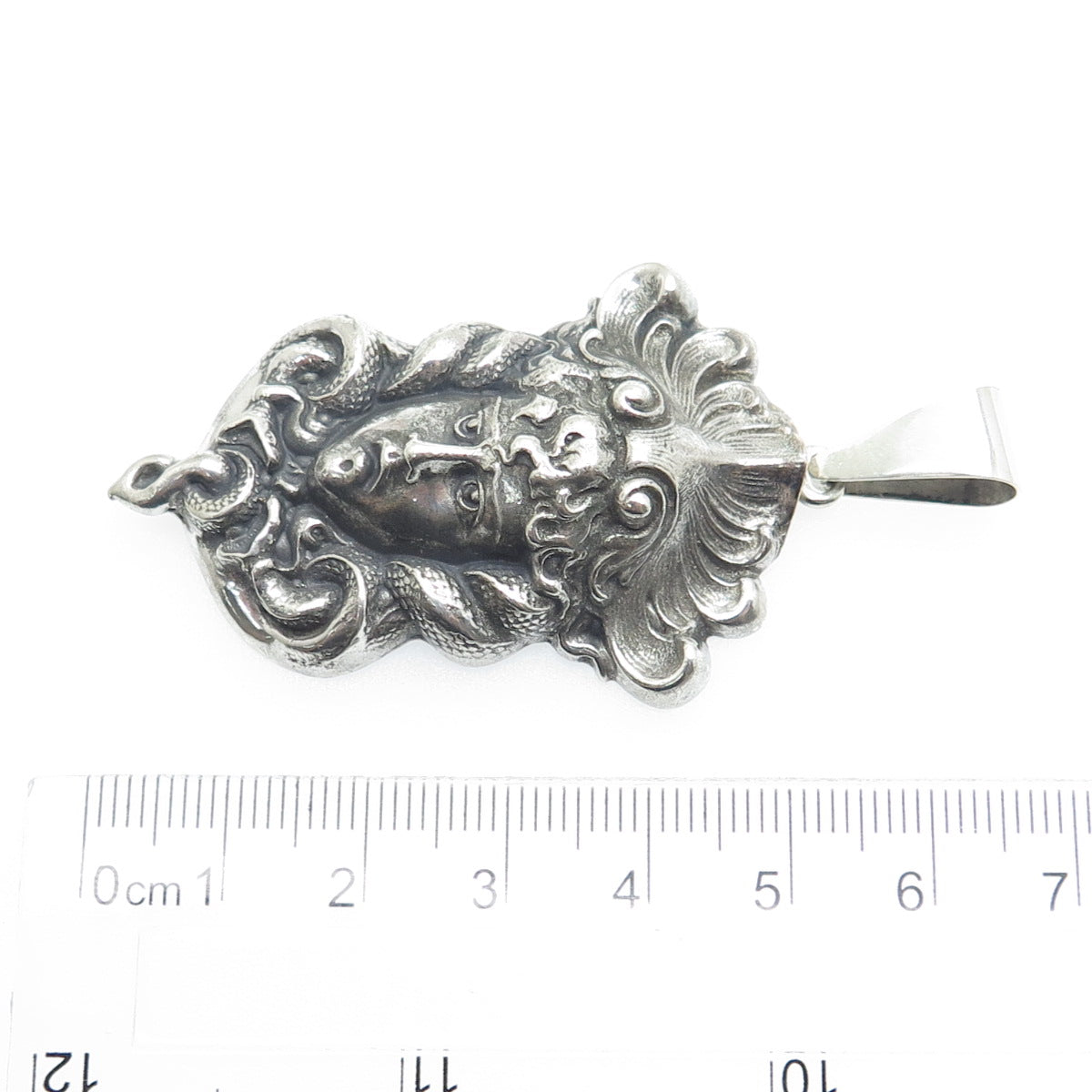 925 Sterling Silver Antique Art Deco Medusa Repousse Oxidized Pendant